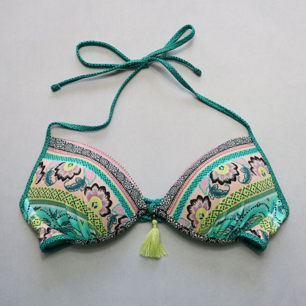 Green Floral Padded Tie Gold Bead Tassel Swim Sports Bra Bralette Bikini Top 34C
